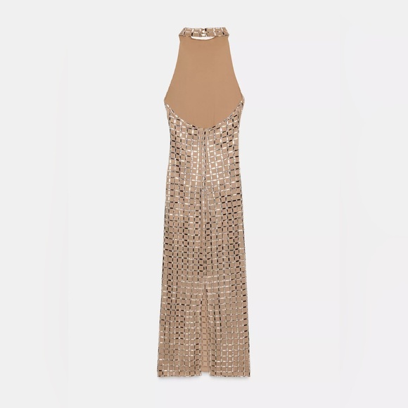 Zara Elegant Tan Mesh Halter sparkly maxi Dress - Picture 5 of 6
